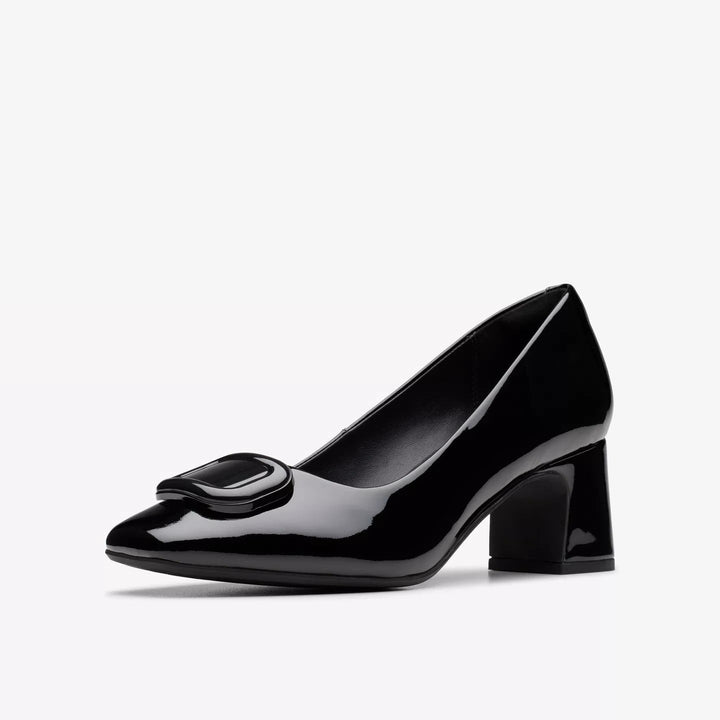Clarks Signature Fernie Trim Ladies Black Patent Leather Square Toe Block Heel Court Shoes