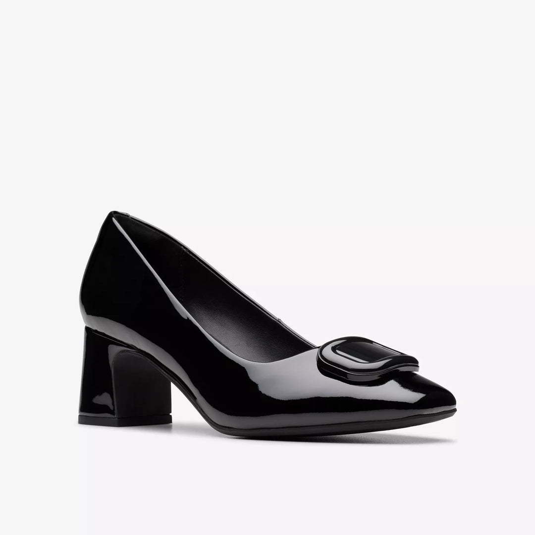 Clarks Signature Fernie Trim Ladies Black Patent Leather Square Toe Block Heel Court Shoes