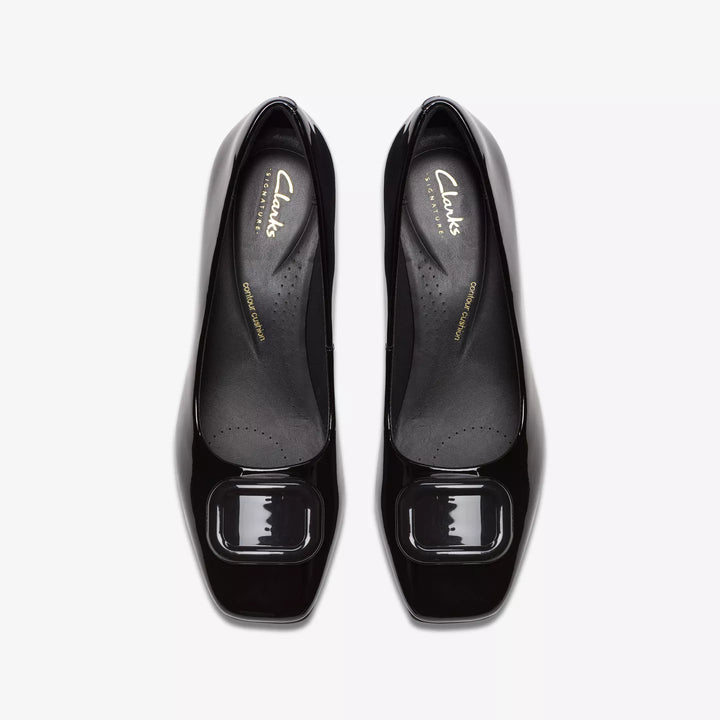 Clarks Signature Fernie Trim Ladies Black Patent Leather Square Toe Block Heel Court Shoes