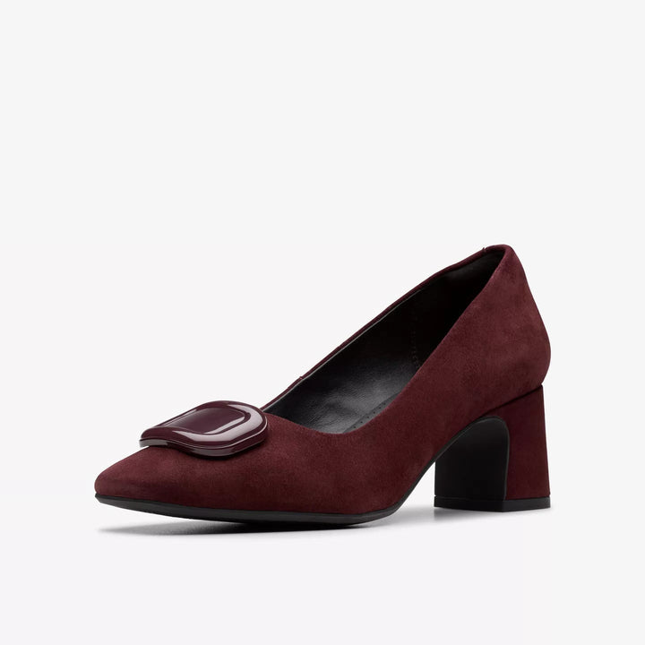 Clarks Signature Fernie Trim Ladies Merlot Suede Leather Square Toe Block Heel Court Shoes