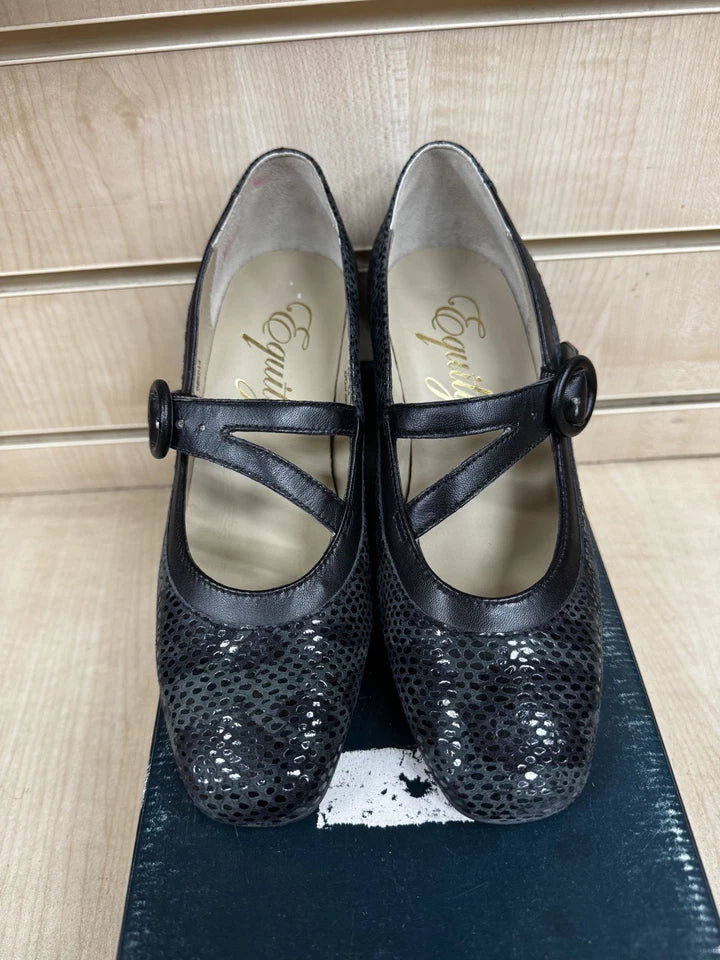 Equity Flame Ladies Wide E Fit Black Snake Leather Court Shoes With Mary Jane Strap Fastening (Copy)