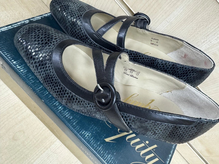 Equity Flame Ladies Wide E Fit Black Snake Leather Court Shoes With Mary Jane Strap Fastening (Copy)
