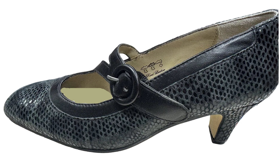 Equity Flame Ladies Wide E Fit Black Snake Leather Court Shoes With Mary Jane Strap Fastening (Copy)