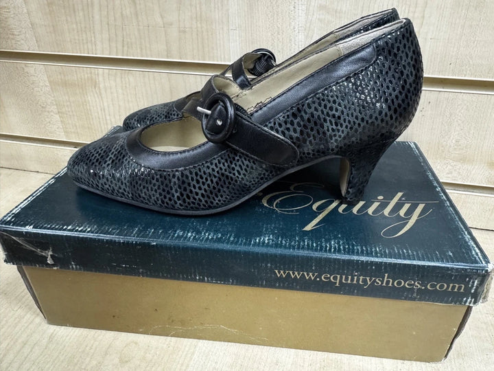 Equity Flame Ladies Wide E Fit Black Snake Leather Court Shoes With Mary Jane Strap Fastening (Copy)