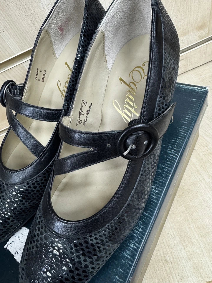 Equity Flame Ladies Wide E Fit Black Snake Leather Court Shoes With Mary Jane Strap Fastening (Copy)