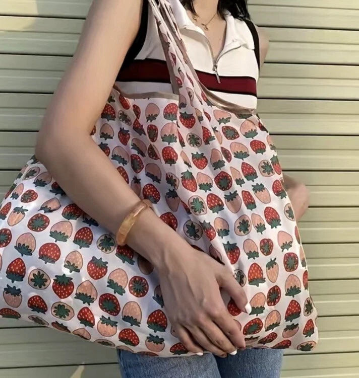 Eco Friendly Foldable Large Shopping Bag With Pouch Strawberry Patterned