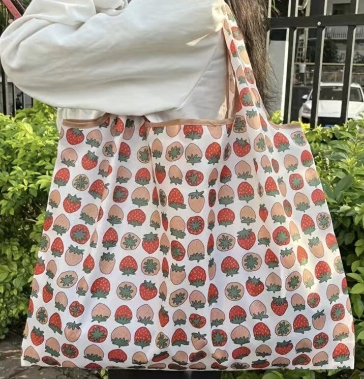 Eco Friendly Foldable Large Shopping Bag With Pouch Strawberry Patterned
