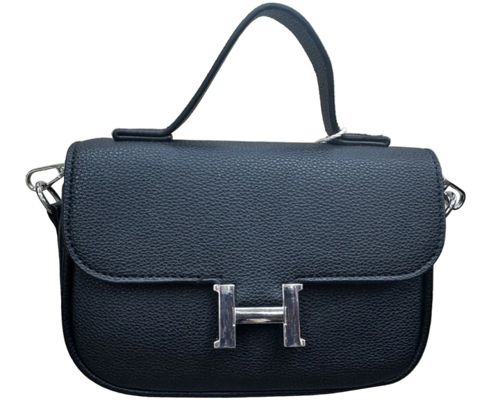 Ladies H Emblem Black Cross Body Designer Inspired Grab Handle Handbag