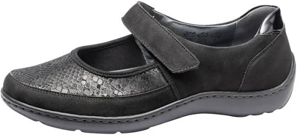 Waldaufer Henni 496H33 Ladies Black Nubuck/Lycra Snake Print Single Touch Fasten Walking Shoes