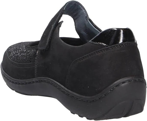 Waldaufer Henni 496H33 Ladies Black Nubuck/Lycra Snake Print Single Touch Fasten Walking Shoes