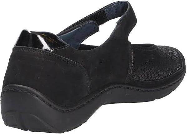 Waldaufer Henni 496H33 Ladies Black Nubuck/Lycra Snake Print Single Touch Fasten Walking Shoes