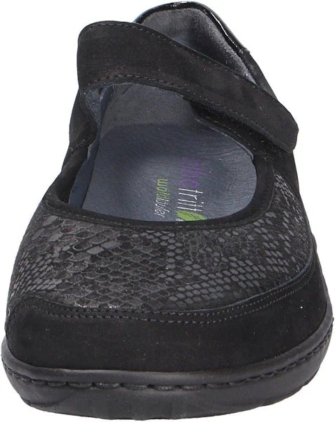 Waldaufer Henni 496H33 Ladies Black Nubuck/Lycra Snake Print Single Touch Fasten Walking Shoes