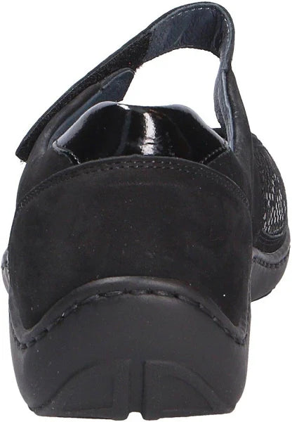 Waldaufer Henni 496H33 Ladies Black Nubuck/Lycra Snake Print Single Touch Fasten Walking Shoes