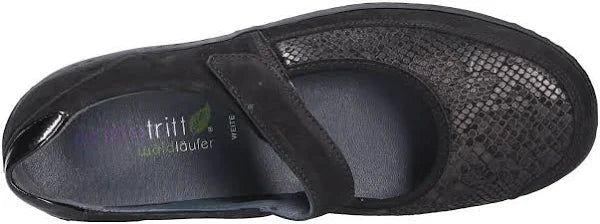 Waldaufer Henni 496H33 Ladies Black Nubuck/Lycra Snake Print Single Touch Fasten Walking Shoes