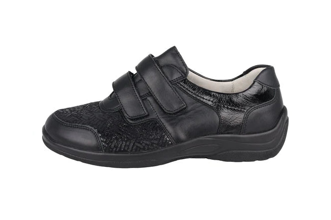 Waldlaufer 312H01 Hesna Womens Black Leather/Lycra Wide H Fitting EE/EEE Dual Fit Touch Fasten Shoes