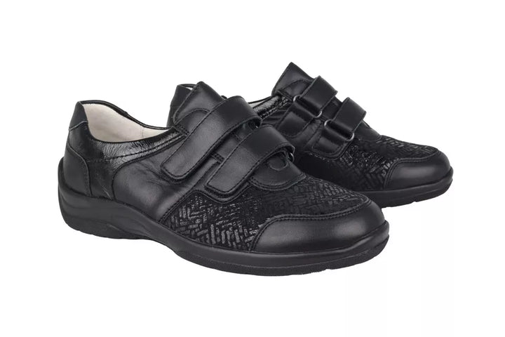 Waldlaufer Hesna Womens Black Leather/Lycra Wide H Fitting EE/EEE Dual Fit Touch Fasten Shoes