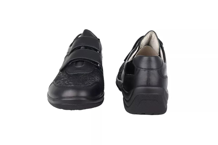 Waldlaufer Hesna Womens Black Leather/Lycra Wide H Fitting EE/EEE Dual Fit Touch Fasten Shoes