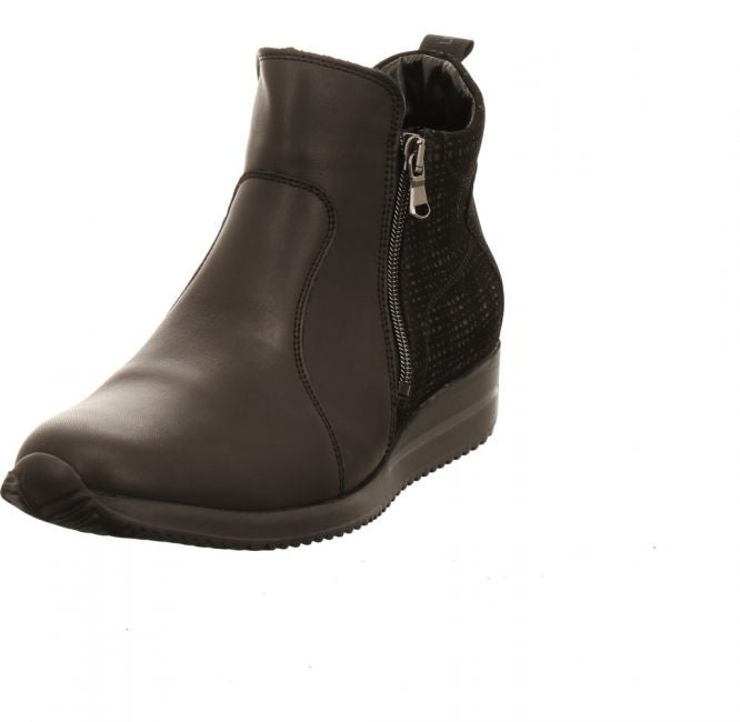 Waldlaufer Himona Ladies Wide Fit Black Leather/Suede Double Zip Up Ankle Boot