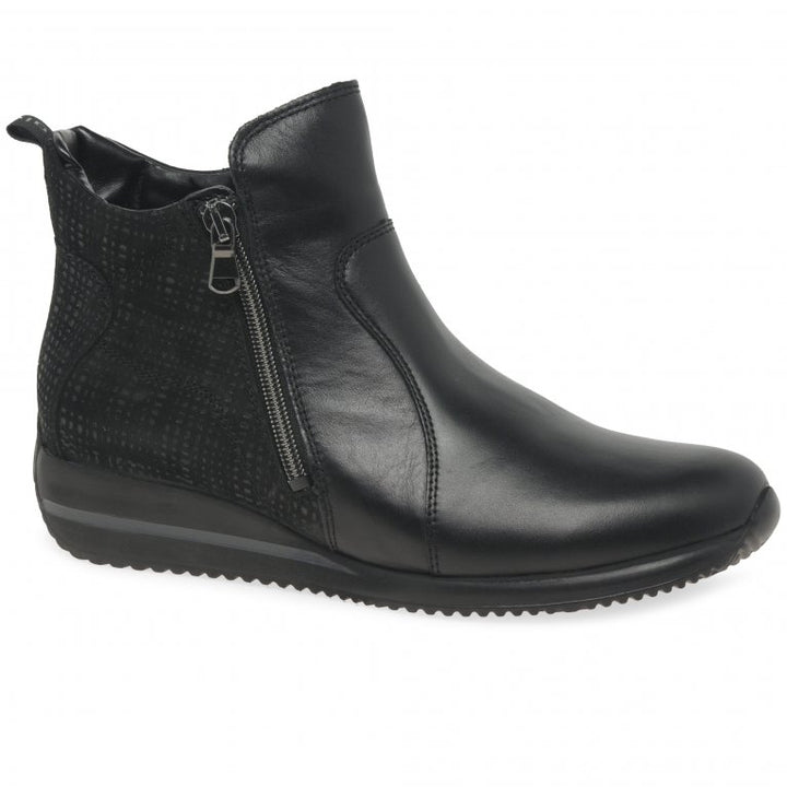 Waldlaufer Himona Ladies Wide Fit Black Leather/Suede Double Zip Up Ankle Boot