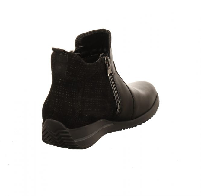 Waldlaufer Himona Ladies Wide Fit Black Leather/Suede Double Zip Up Ankle Boot