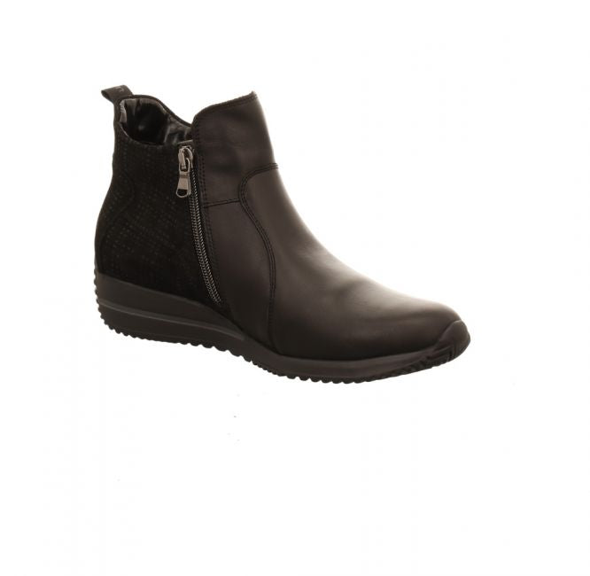 Waldlaufer Himona Ladies Wide Fit Black Leather/Suede Double Zip Up Ankle Boot