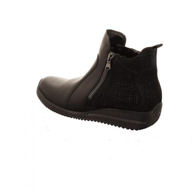 Waldlaufer Himona Ladies Wide Fit Black Leather/Suede Double Zip Up Ankle Boot