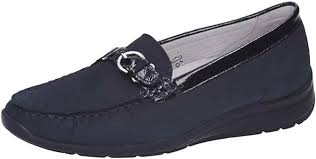 Waldlaufer Hinata 331504 Ladies Wide Fitting  Navy Combination Leather Wedge Loafers With Buckle Trim