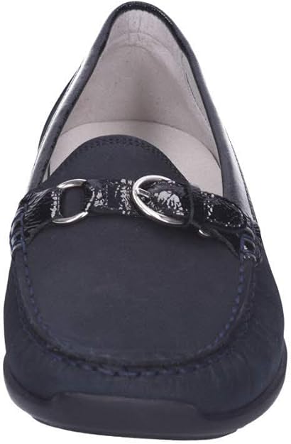Waldlaufer Hinata 331504 Ladies Wide Fitting  Navy Combination Leather Wedge Loafers With Buckle Trim