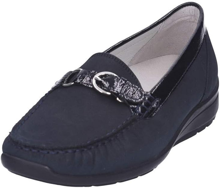 Waldlaufer Hinata 331504 Ladies Wide Fitting  Navy Combination Leather Wedge Loafers With Buckle Trim