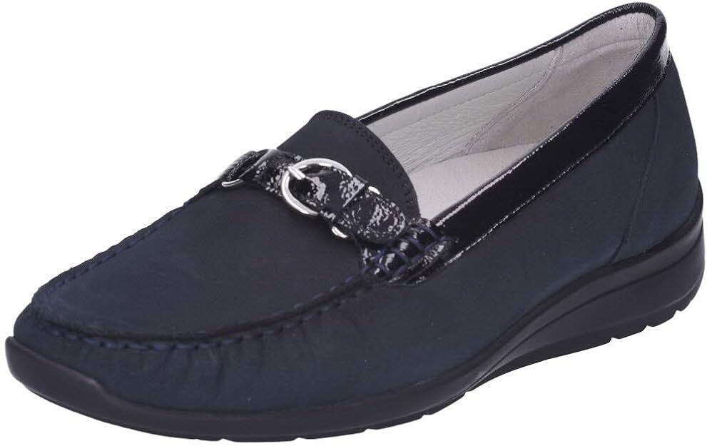 Waldlaufer Hinata 331504 Ladies Wide Fitting  Navy Combination Leather Wedge Loafers With Buckle Trim