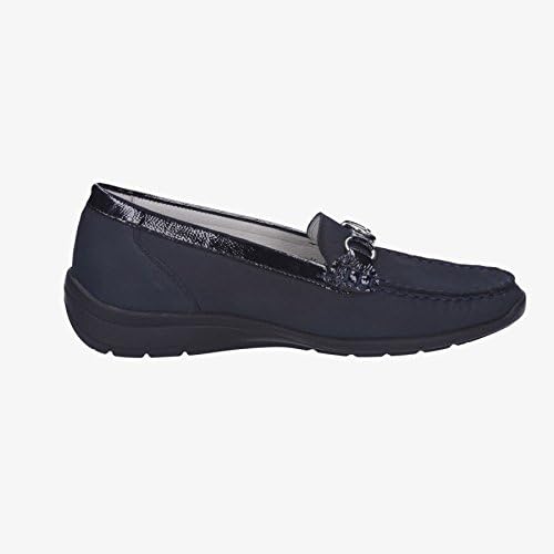 Waldlaufer Hinata 331504 Ladies Wide Fitting  Navy Combination Leather Wedge Loafers With Buckle Trim