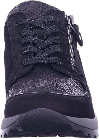 Waldlaufer Hiroko Wide Fit Trainers Black Nubuck With Snake Print Stretch Panel Lace Up & Adjustable Fastening