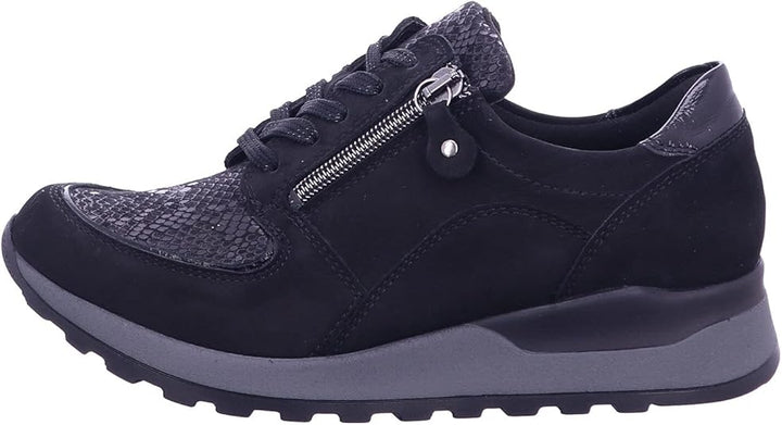 Waldlaufer Hiroko Wide Fit Trainers Black Nubuck With Snake Print Stretch Panel Lace Up & Adjustable Fastening