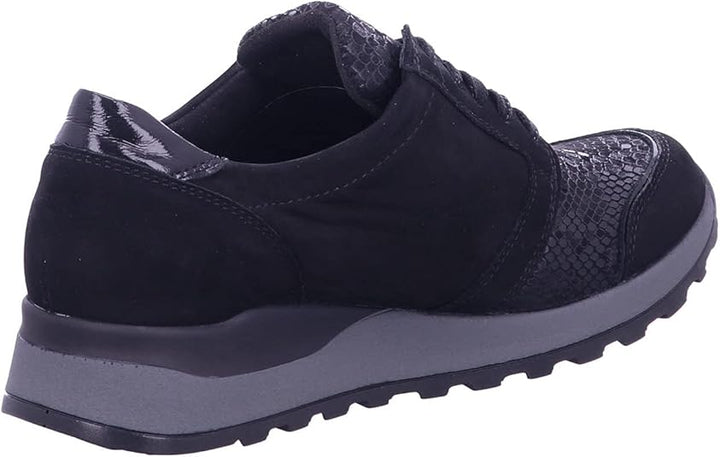 Waldlaufer Hiroko Wide Fit Trainers Black Nubuck With Snake Print Stretch Panel Lace Up & Adjustable Fastening