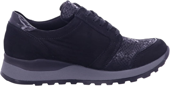 Waldlaufer Hiroko Wide Fit Trainers Black Nubuck With Snake Print Stretch Panel Lace Up & Adjustable Fastening