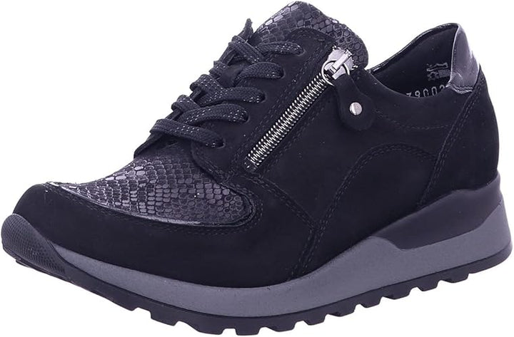 Waldlaufer Hiroko Wide Fit Trainers Black Nubuck With Snake Print Stretch Panel Lace Up & Adjustable Fastening