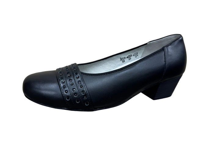 Waldlaufer Kathe 670503 Ladies Wide EE/EEE Fitting Black Waxy Leather Block Heel Court Shoes