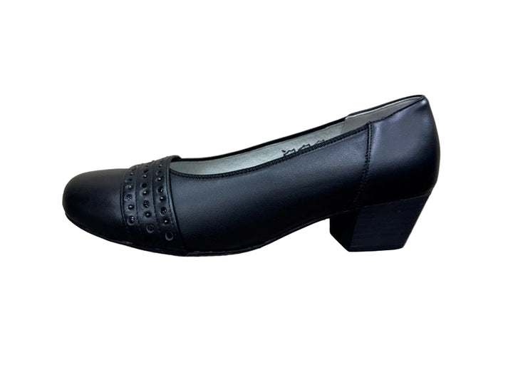 Waldlaufer Kathe 670503 Ladies Wide EE/EEE Fitting Black Waxy Leather Block Heel Court Shoes