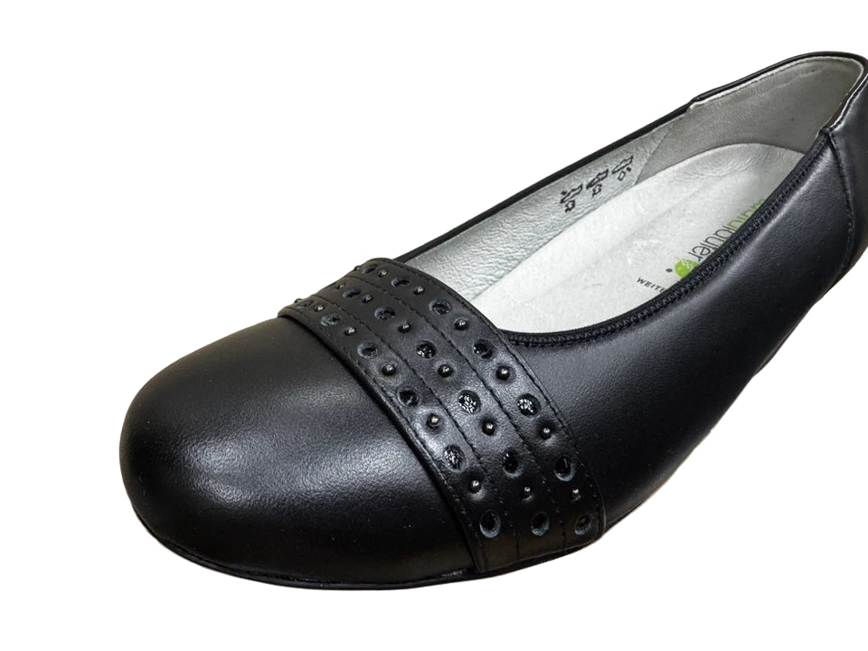 Waldlaufer Kathe 670503 Ladies Wide EE/EEE Fitting Black Waxy Leather Block Heel Court Shoes