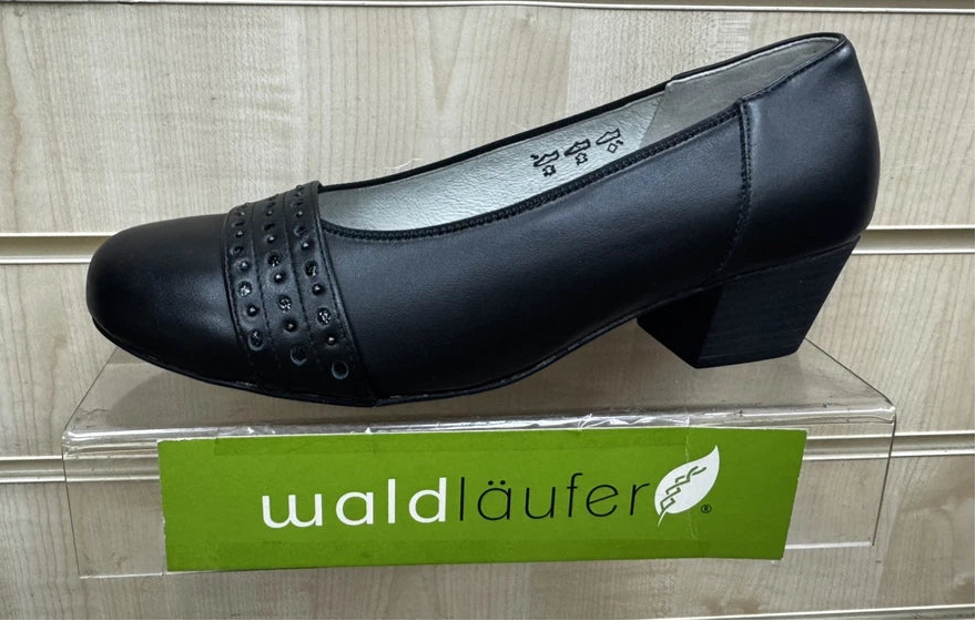 Waldlaufer Kathe 670503 Ladies Wide EE/EEE Fitting Black Waxy Leather Block Heel Court Shoes
