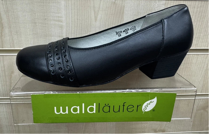 Waldlaufer Kathe 670503 Ladies Wide EE/EEE Fitting Black Waxy Leather Block Heel Court Shoes