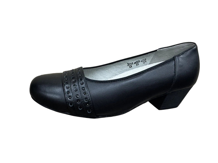 Waldlaufer Kathe 670503 Ladies Wide EE/EEE Fitting Black Waxy Leather Block Heel Court Shoes