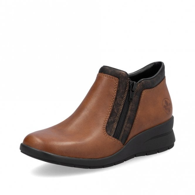 Rieker Antistress L4883 Ladies Leather Twin Zip Warm Lined Ankle Boots Tan/ Bronze