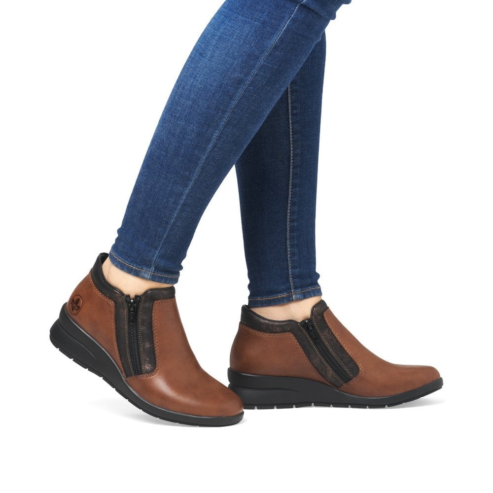 Rieker Antistress L4883 Ladies Leather Twin Zip Warm Lined Ankle Boots Tan/ Bronze