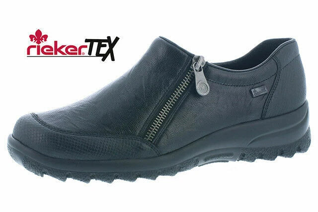 Rieker Tex L7152 Ladies Black Leather Water Resistant Shoes With Zip Fasten
