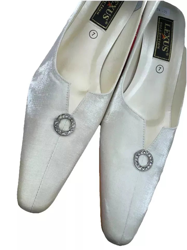 Lexus Collection Vegas Bridal Off White Satin Slip On Court Shoes Ex display Ivory Size 8