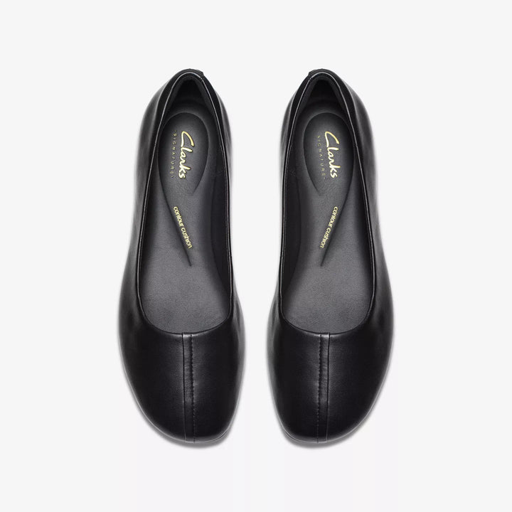 Clarks Signature Livia Lily Ladies Black Leather Flat Dolly Pump Shoes With Contour Cushion Insoles