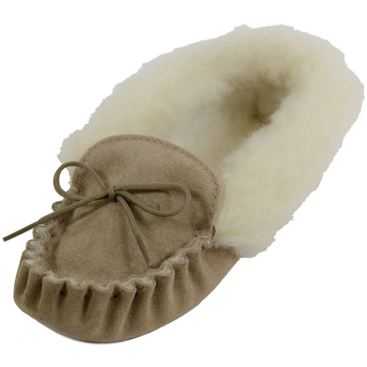 Mokkers LS321S Ladies Soft Bottom Beige Suede Faux Fur Cuff Warm Lined Moccasins