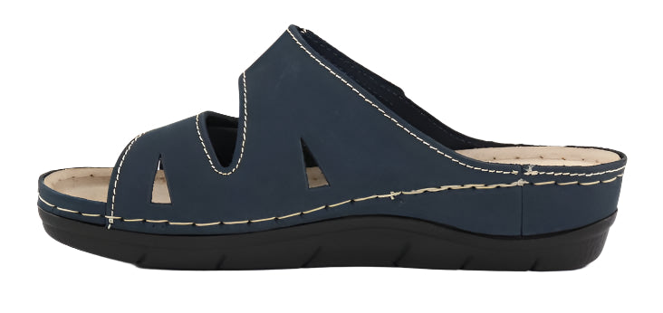 Marco Tozzi 27512 Ladies Navy Nubuck Leather Double Touch Fasten Wide Fit Mule Sandals