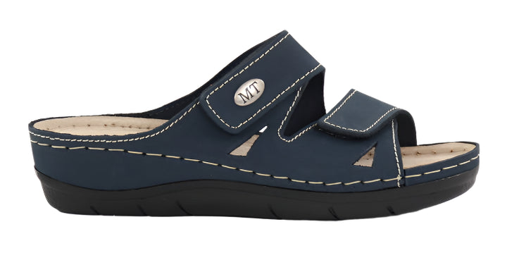 Marco Tozzi 27512 Ladies Navy Nubuck Leather Double Touch Fasten Wide Fit Mule Sandals